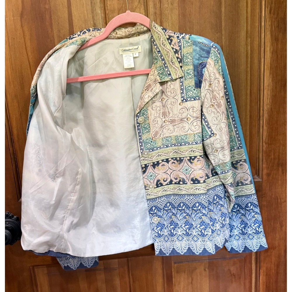 Coldwater Creek Silk Ramie Patchwork Paisley Scalloped Hem Jacket Blue Small - Picture 4 of 4
